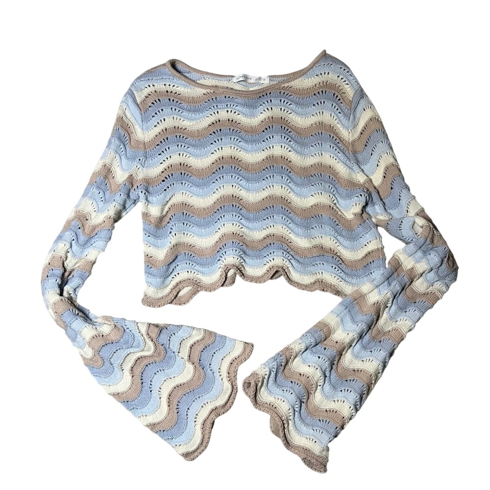 Altar'd State Blue Tan Wave Crochet Knit Crop Top Bell Sleeve Boho S367543 Small